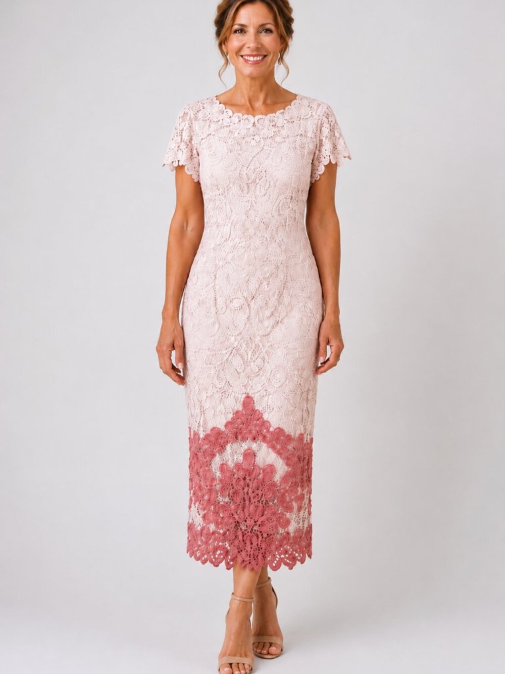 JS Collections Blush Pink Dress with Rose-Trim Hem Lace MOB Mother of the Bride